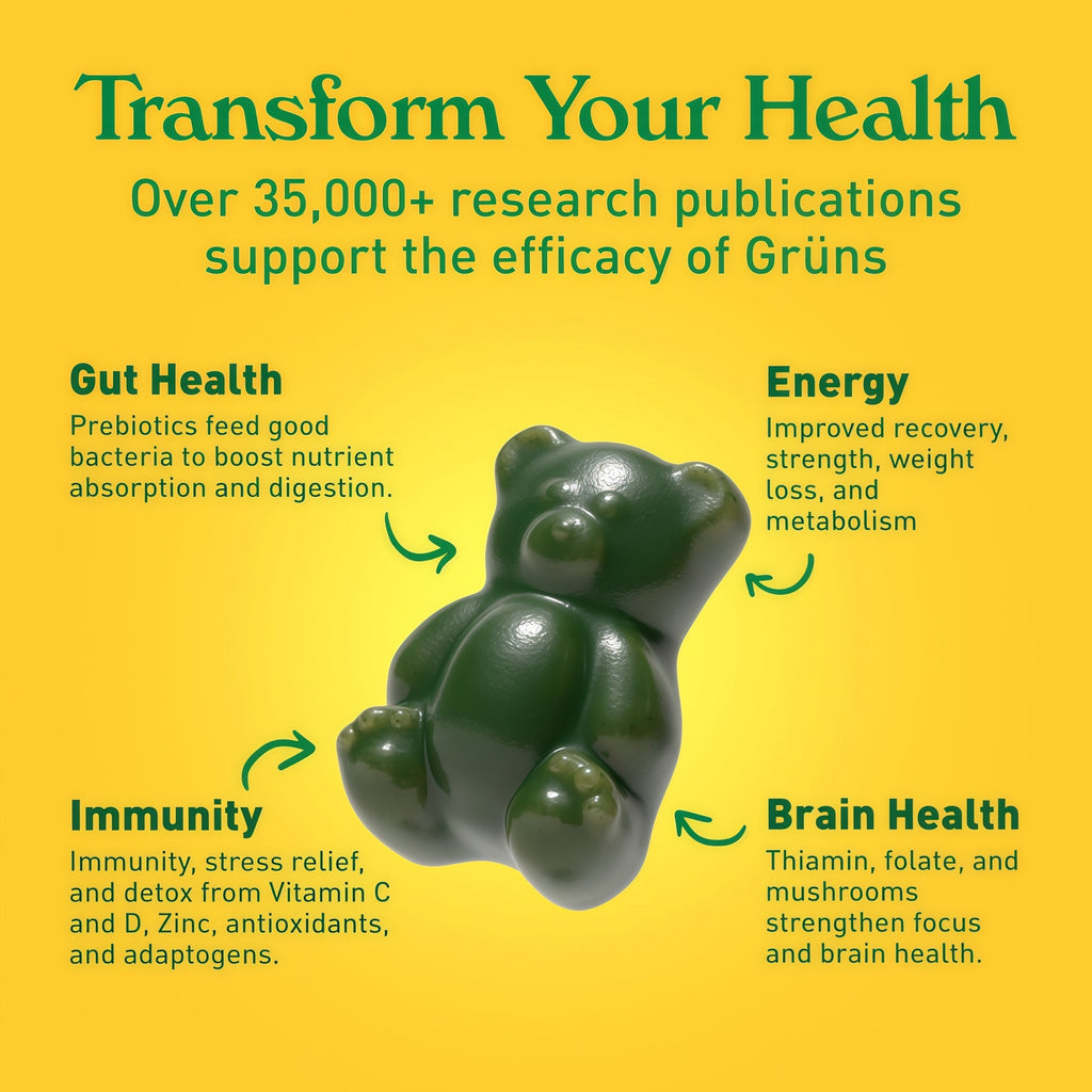 Gruns Adults Super Greens Gummies, Multivitamin Superfood Gummy Bears with Spirulina, Chlorella, Prebiotics & Fiber for Digestive Health, Adaptogens Supplement with 20 Vitamins & Minerals, 28 Count