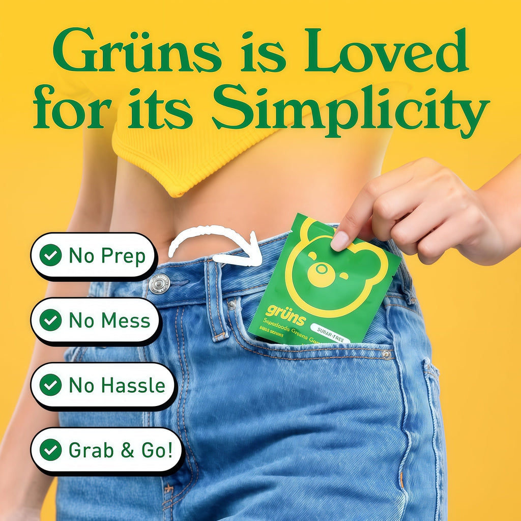 Gruns Adults Super Greens Gummies, Multivitamin Superfood Gummy Bears with Spirulina, Chlorella, Prebiotics & Fiber for Digestive Health, Adaptogens Supplement with 20 Vitamins & Minerals, 28 Count