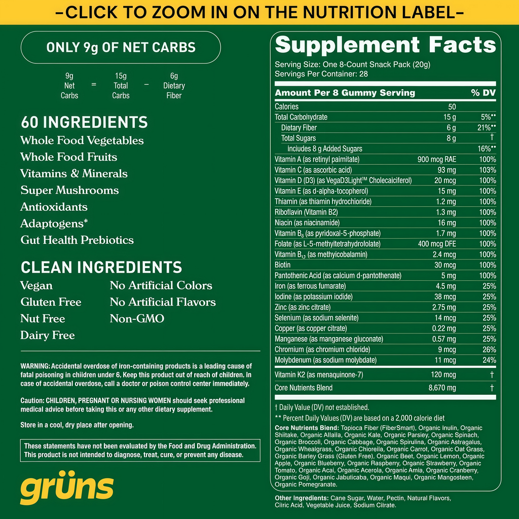 Gruns Adults Super Greens Gummies, Multivitamin Superfood Gummy Bears with Spirulina, Chlorella, Prebiotics & Fiber for Digestive Health, Adaptogens Supplement with 20 Vitamins & Minerals, 28 Count