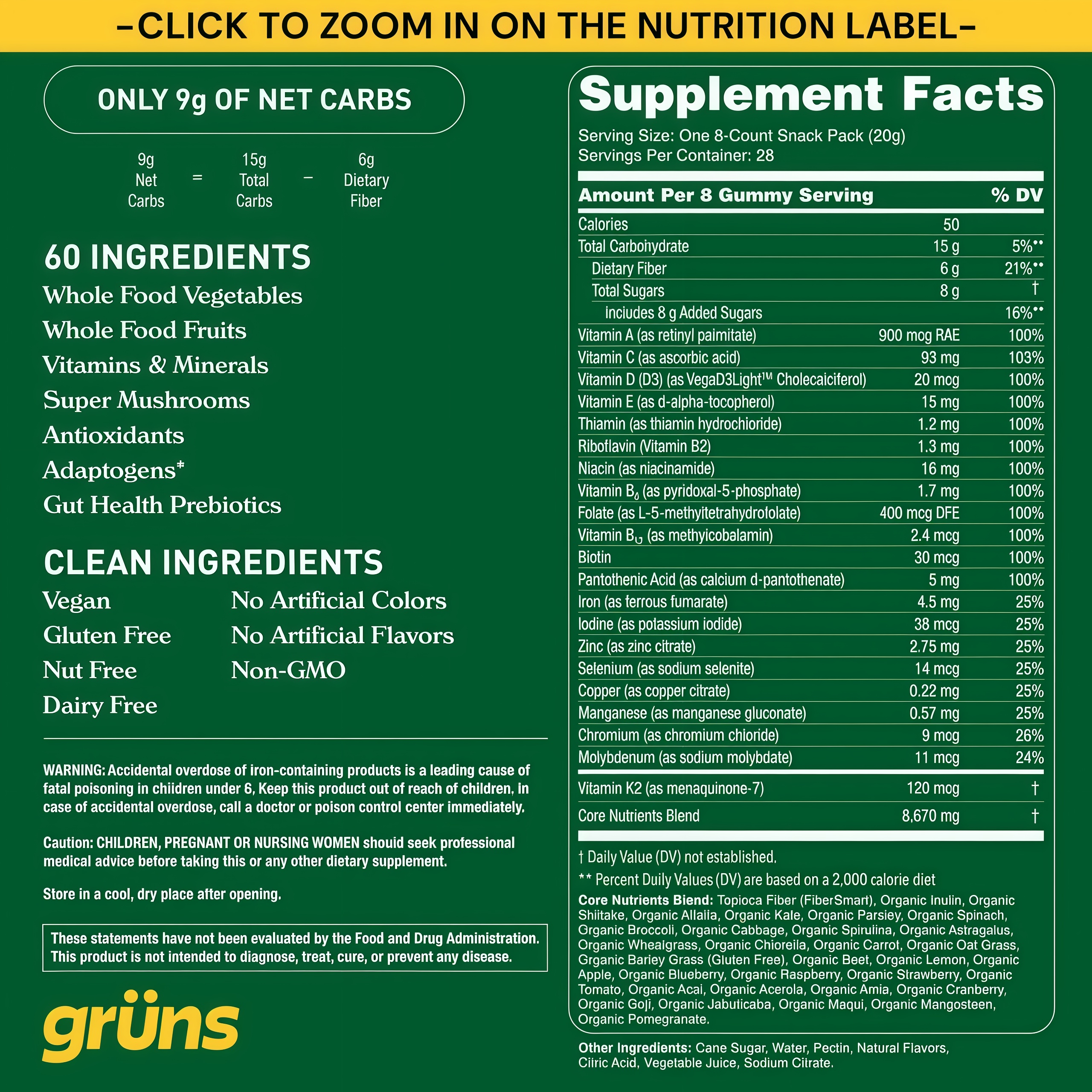Gruns Adults Super Greens Gummies, Multivitamin Superfood Gummy Bears with Spirulina, Chlorella, Prebiotics & Fiber for Digestive Health, Adaptogens Supplement with 20 Vitamins & Minerals, 28 Count